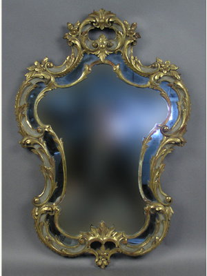 CONTINENTAL GILT WOOD AND GREY PAINTED MIRROR