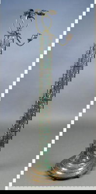 EARLY 20TH CENTURY FLOOR LAMP WITH BRONZE FIN: EARLY 20TH CENTURY FLOOR LAMP WITH BRONZE FINISH CUT WORK AND GREEN SLAG GLASS IN THE TIFFANY STYLE, SIGNED RIVIERE STUDIOS, NY. *Condition: Good *Est. Sale Time: 2:00 PM Eastern *Kamelot handles ship