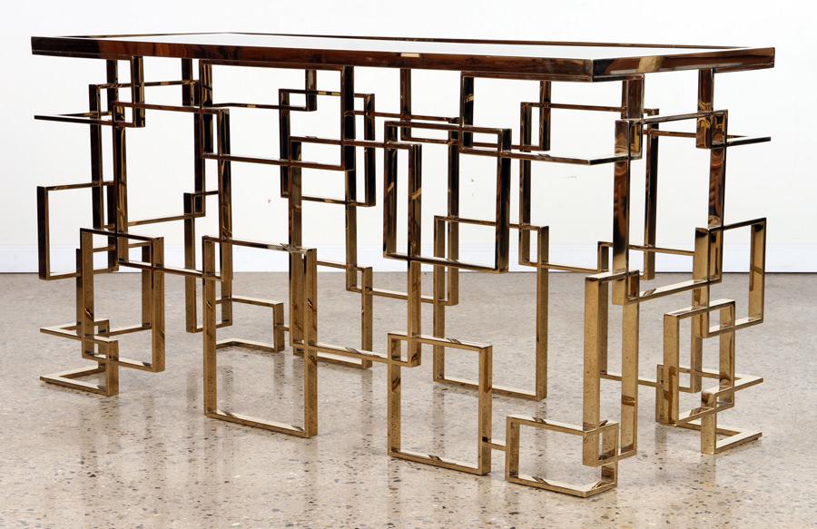 BRASS CONSOLE TABLE W/ GEOMETRIC DESIGN C. 1970 (1 of 6)