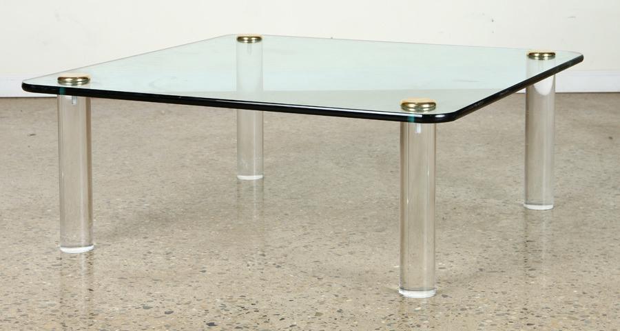 GLASS TOP COFFEE TABLE W/ ADJUSTABLE LUCITE LEGS (1 of 4)