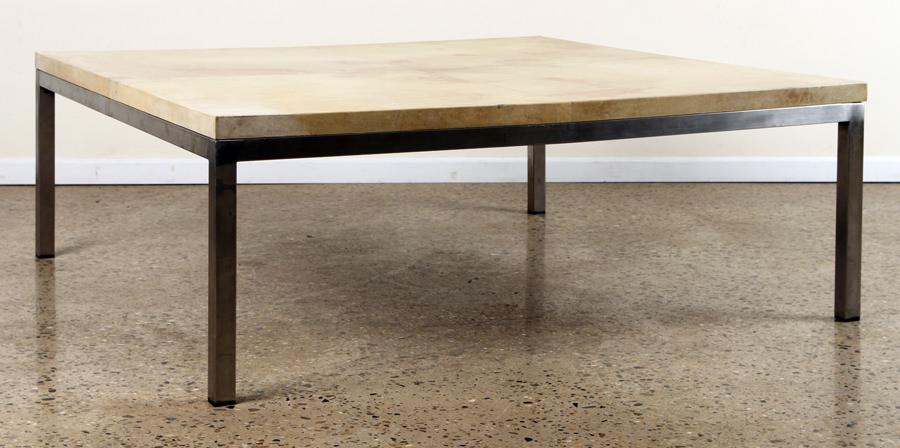 LARGE PARCHMENT AND CHROME COFFEE TABLE C. 1980 (1 of 4)