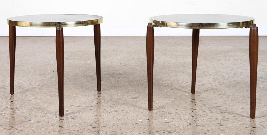 PAIR FAUX MARBLE BRASS BOUND END TABLES (1 of 5)