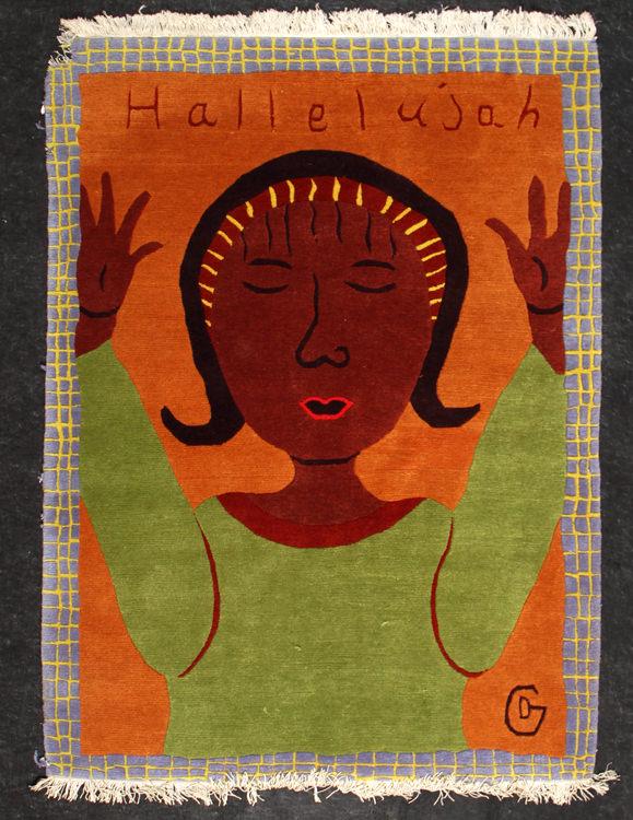 A DALE GOTTLIEB HALLELUJAH WOOL STORY RUG: A Dale Gottlieb ''Hallelujah'' wool story rug. 6'10" x 5'1"