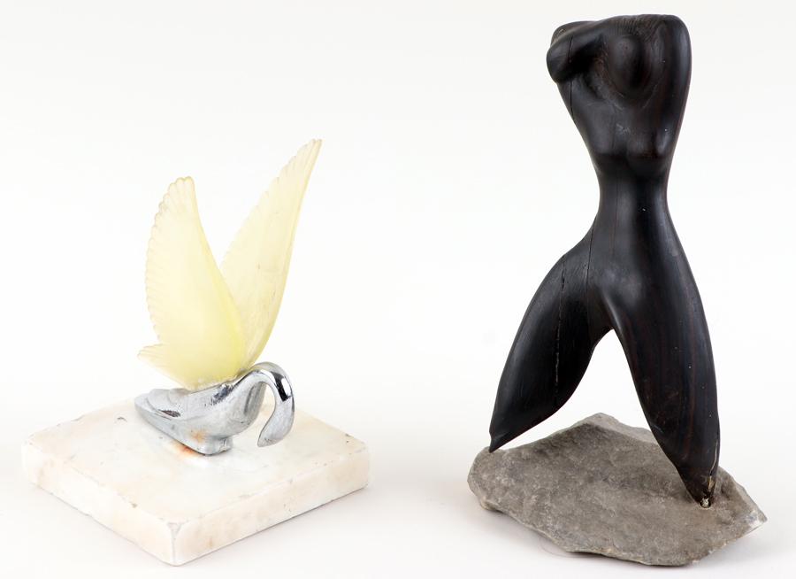 2 MID CENTURY MODERN SCULPTURES SWAN NUDE TORSO: A collection of two mid century modern sculptures consisting of a swan mounted on marble and an abstract nude torso mounted on stone. Swan: 8.5" high Figure: 10" high