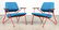 PAIR RED IRON LOUNGE CHAIRS W/ TEAL UPHOLSTERY