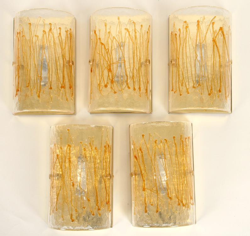 SET 5 ITALIAN GLASS AND BRASS WALL SCONCES C.1985 (1 of 6)