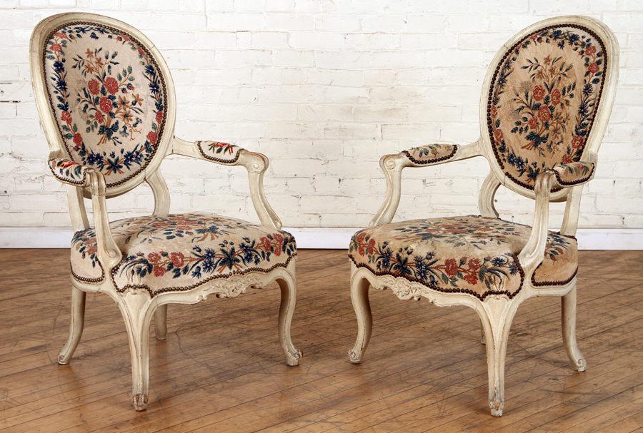 PAIR 19TH C FRENCH LOUIS XV STYLE OPEN ARM CHAIRS (1 of 7)
