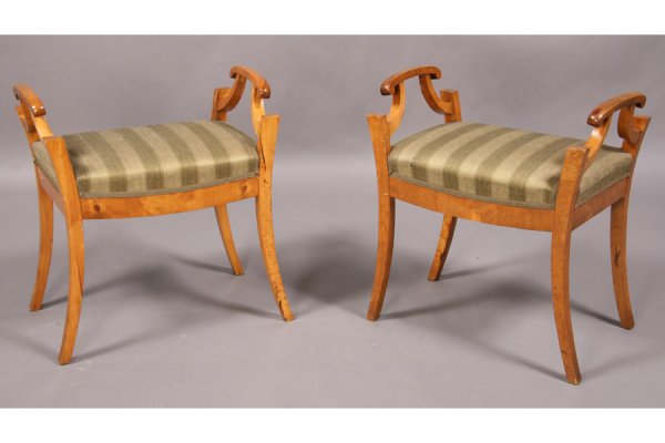 PAIR BIEDERMEIER STYLE BENCHES UPHOLSTERED: Pair of Biedermeier style benches with raised sides and upholstered seats supported on flaring legs circa 1920. Ht: 24 Width: 21.5" Depth: 14" ***PLEASE NOTE: All property shall be paid for by the pur