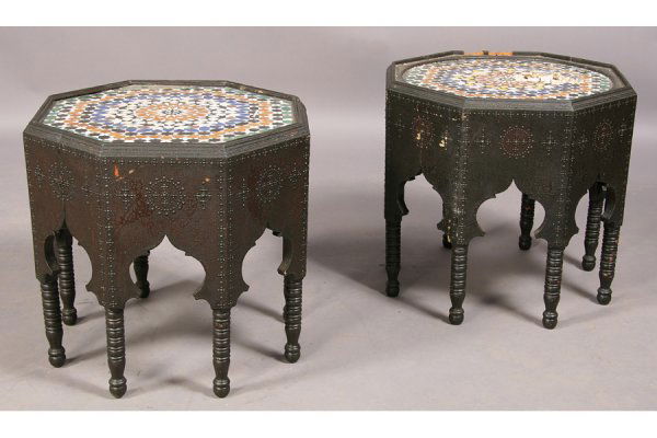 ANTIQUE PAIR CONTINENTAL END TABLES MOSAIC TILE: Antique pair of Continental end tables in the Moorish style with mosaic tile tops framed by octagonal base with geometric patterns circa 1890. Ht: 21 Width: 22" Depth: 22" ***PLEASE NOTE: All property