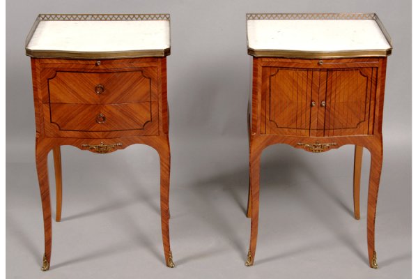 PR ANTIQUE FRENCH LOUIS XV STYLE END TABLES: Pair of French Louis XV style marble top end tables with bronze galleried tops over shaped bases circa 1920. Inlaid tambour doors, cabriole legs. Ht: 28 Width: 15.75" Depth: 13.25" ***PLEASE NOTE: All