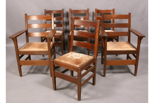 SET 6 MARKED STICKLEY ANTIQUE ARTS & CRAFTS CHAIR: Set of six Arts & Crafts chairs with leather slip seats marked 'Gustav Stickley' circa 1910. Compass mark on one arm chair and one side chair. Corresponds to Stickley catalogue numbers 370A and 370 re