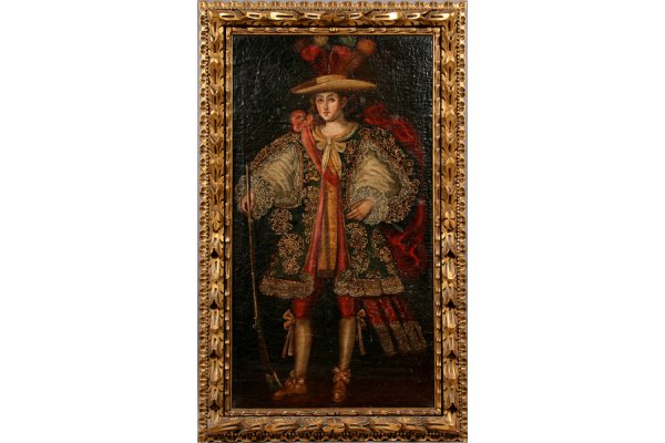 SPANISH COLONIAL ANTIQUE OIL PAINTING PORTRAIT: Spanish Colonial School, 19th century portrait of a man, full length, holding a musket. Oil on canvas. 61.25H x 28.5"W including frame. 52.5"H x 28.5"W unframed. ***PLEASE NOTE: All property shall be