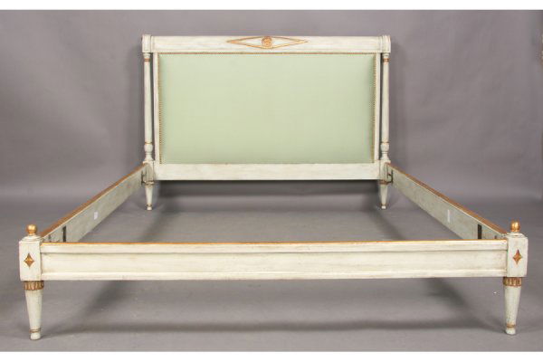 Jansen style gilt wood painted bed: Jansen style gilt wood and painted bed circa 1940. Gilt diamond and rosette decorated headboard with crylon upholstery. Matching footboard and sideboards. Ht: 42 Width: 79" Depth: 59.75" ***PLEASE NOT