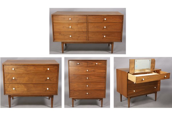 FOUR MODERN LABELED DREXEL CHESTS PAUL MCCOBB: Four mid century modern walnut chests of drawers attributed to Paul McCobb and labeled 'Drexel Furniture' circa 1960. Ht: 45.5 Width: 34" Depth: 20" ***PLEASE NOTE: All property shall be paid for by t