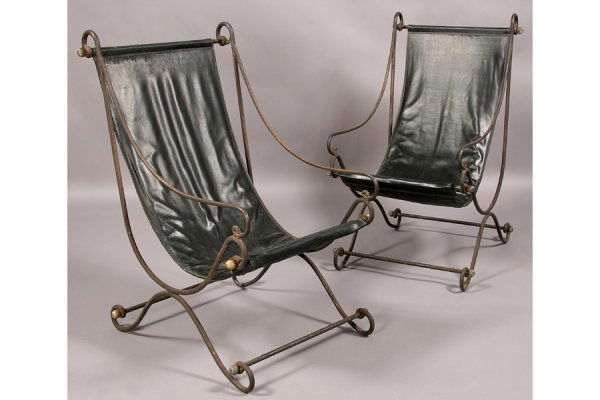 PAIR DAVID HICKS WROUGHT IRON BRONZE SLING CHAIRS: Pair of David Hicks wrought iron and bronze sling chairs with scrolling form accented by bronze finials circa 1970. Ht: 41 Width: 25" Depth: 30" ***PLEASE NOTE: All property shall be paid for by the p