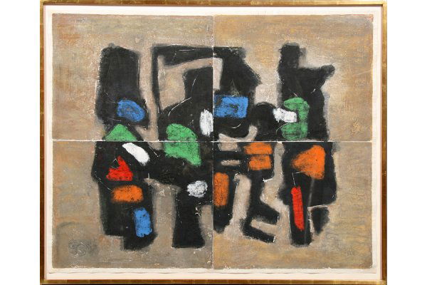 SAM GLANKOFF FINE ART INK CASEIN PAPER: Sam Glankoff (American, 1894-1982) Water soluble painter's ink and casein on handmade Japanese paper. Signed lower right 'Sam Glankoff, 1976.' 41.5H x 51.25"W with frame. 38.5"H x 48.5"W without frame