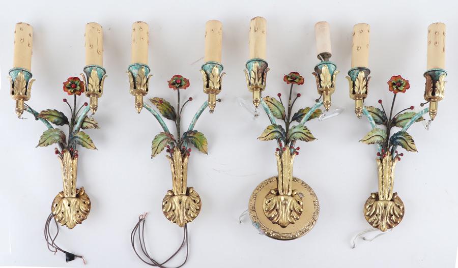 SET 4 GILT BRASS PAINT DECORATED SCONCES C.1920 (1 of 6)