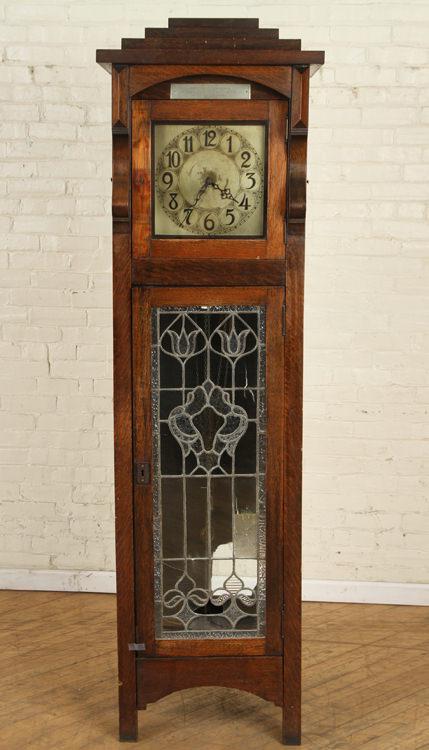 OAK AND LEADED GLASS GRANDFATHER CLOCK FOLIATE (1 of 8)