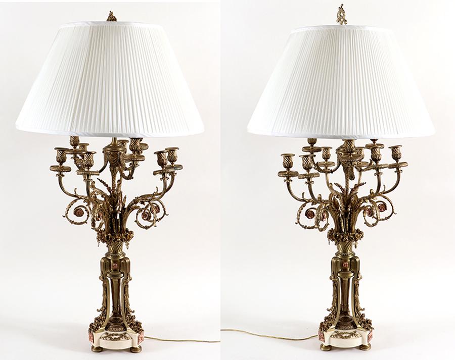 PAIR FRENCH BRONZE CANDELABRA LAMPS MARBLE BASES (1 of 10)
