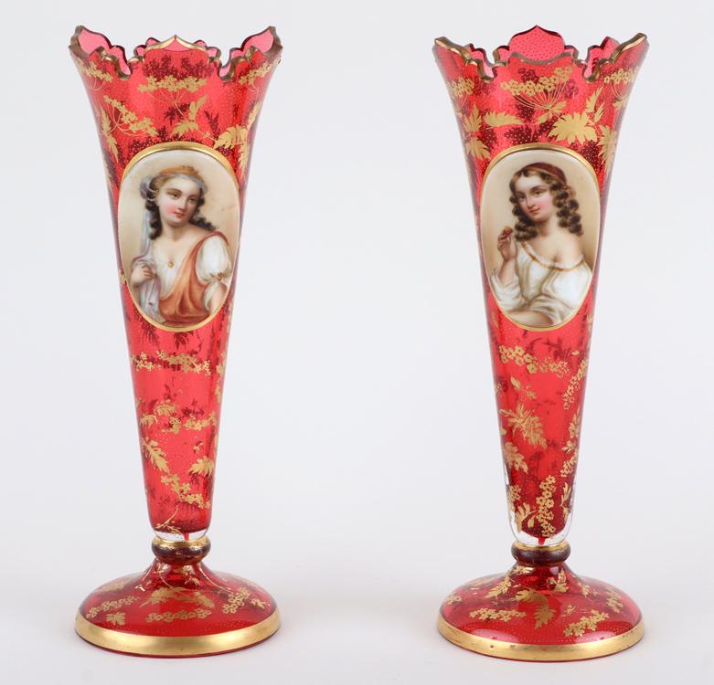 PAIR 19TH CENTURY BOHEMIAN GLASS PORTRAIT VASES (1 of 8)