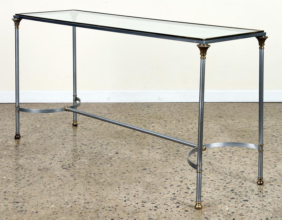 JANSEN STYLE BRASS STEEL GLASS SOFA TABLE C.1960 (1 of 5)
