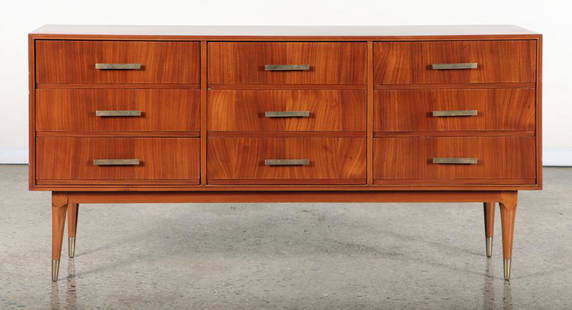 MID CENTURY MODERN 9-DRAWER SAPELE WOOD DRESSER: A mid century modern nine drawer sapele wood dresser having brass trimmed tapered legs. Ht: 30.5" Wd: 62" Dpth: 17.75"