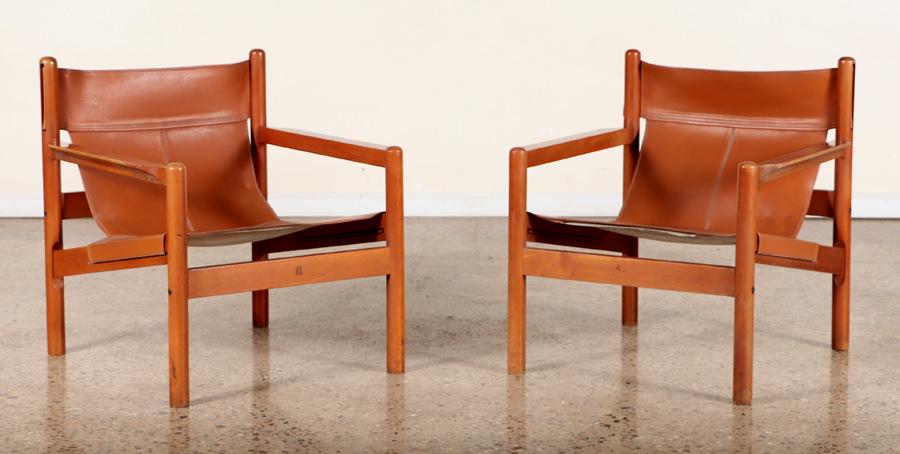 PAIR OPEN ARM LOUNGE CHAIRS STITCHED LEATHER (1 of 7)