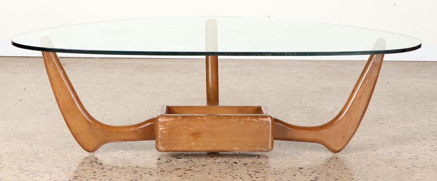 MAHOGANY 3 LEG COFFEE TABLE SHAPED GLASS TOP 1970 (1 of 4)