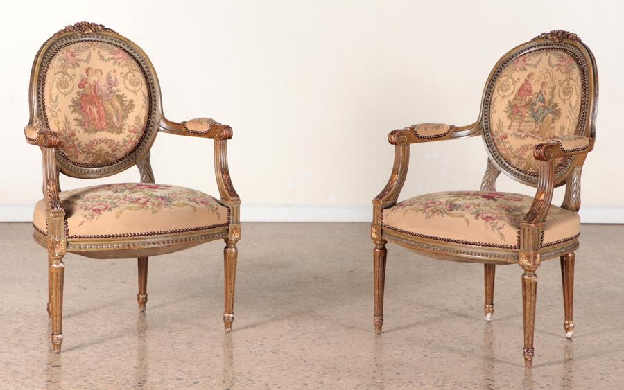 PAIR FRENCH CARVED PAINTED OPEN ARM CHAIRS 1890 (1 of 7)