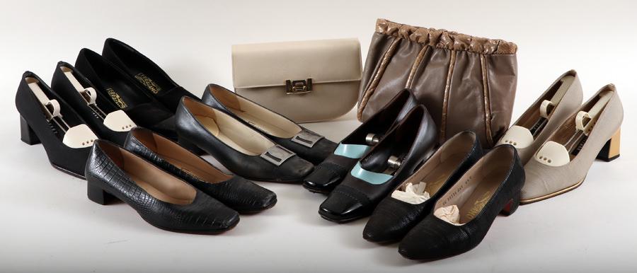 ASSORTED LOT VINTAGE DESIGNER WOMENS FOOT WEAR: An assorted lot of vintage women's designer foot wear. To include: A pair of black leather striped Ferragamo pumps, size 6.5 A pair of Stuart Weitzman pumps with patent heel A pair of Ferragamo black