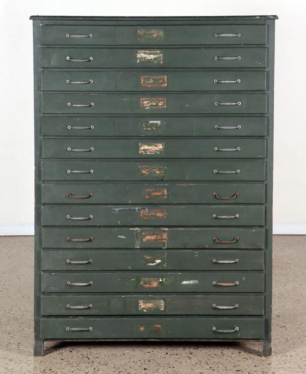 GREEN PAINTED 14-DRAWER MAP CABINET C.1940 (1 of 5)
