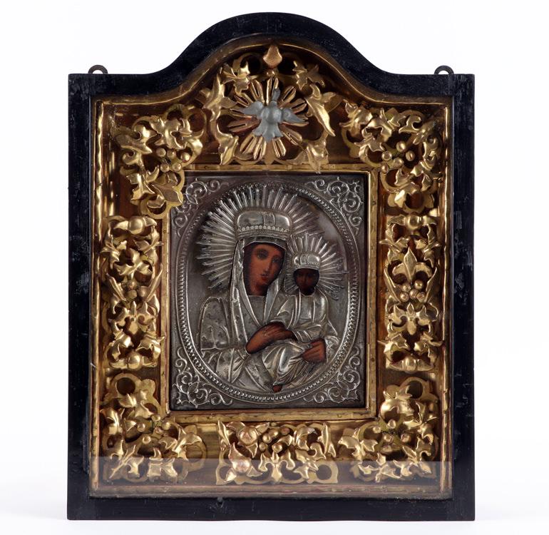 19TH C. RUSSIAN SILVER PLATED ICON WITH PAINTING (1 of 8)