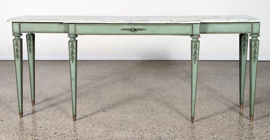 CARVED PAINTED ITALIAN MARBLE TOP CONSOLE 1950: A carved and painted Italian marble top console table with single drawer circa 1950. Ht: 32.25" Wd: 77.25" Dpth: 18.25"