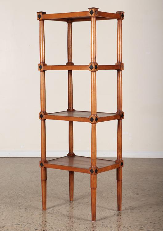19TH C. DIRECTOIRE STYLE 4-TIER LIBRARY SHELF: A nineteenth century Directoire style four tiered library shelf having diamond form decoration and resting on turned feet. Ht: 61.75" Wd: 21" Dpth: 16.25"