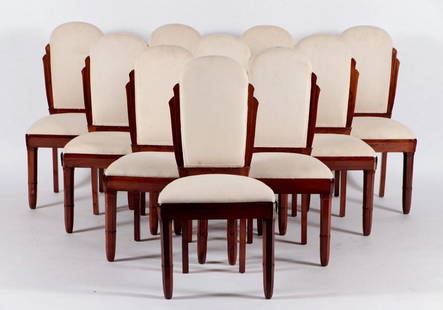 SET 10 ROSEWOOD DINING CHAIRS BY MONTAGNAC: A rare set of ten French Art Deco rosewood restored dining chairs having eight sided legs and flared backs by Pierre-Paul Montagnac. Ht: 39" Wd: 20.25" Dpth: 21" Seat: 19.5"
