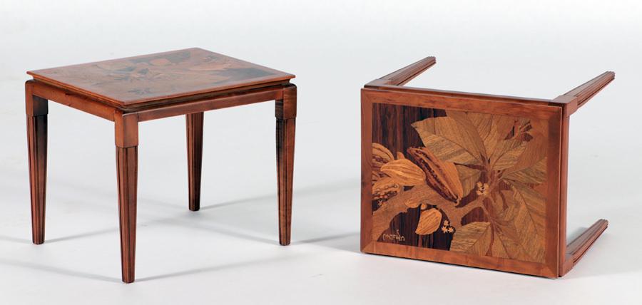 PAIR OF GALLE FRENCH END TABLES CIRCA 1900: A pair of Galle French end tables circa 1900. Having intricate inlaid tops and inlaid with the signature of Galle. Ht: 14.5" Wd: 17" Dpth: 14"