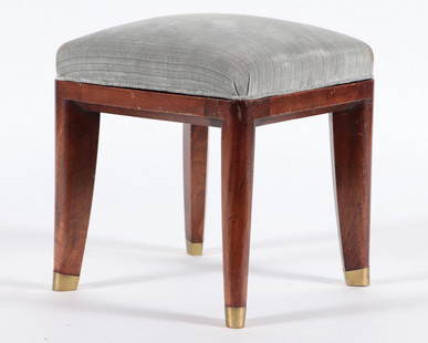 FRENCH MAHOGANY STOOL ATTR. TO MAURICE JALLOT: A French mahogany upholstered stool attributed to Maurice Jallot circa 1930. Ht: 20" Wd: 17.75" Dpth: 17.75"