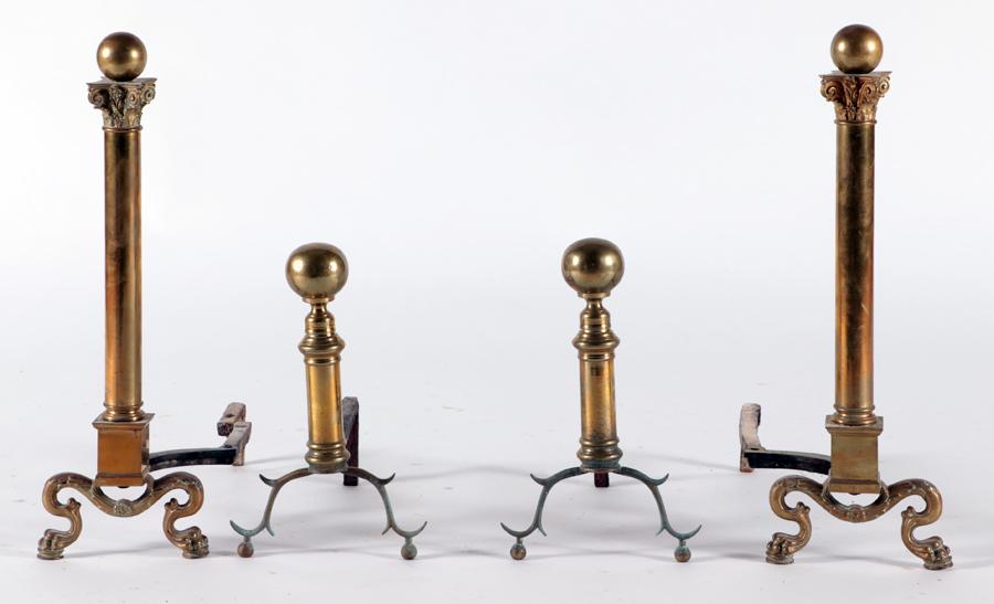 TWO PAIRS OF ANTIQUE BRASS ANDIRONS: Two pairs of antique brass andirons. Ht: 27" Wd: 9" Dpth: 18.25" (largest)