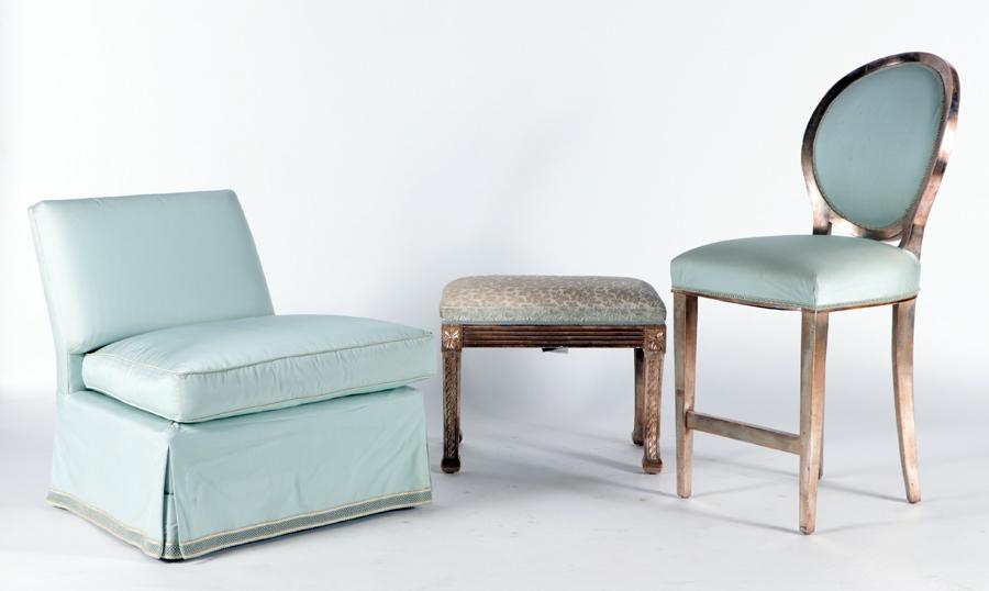 SET OF 3 LABELED NANCY CORZINE UPHOLSTERED ITEMS: A set of three labeled Nancy Corzine upholstered furniture items consisting of a slipper chair, an oval back chair and a carved ottoman. Ht: 45" Wd: 20" Dpth: 24" Seat: 26" (largest)