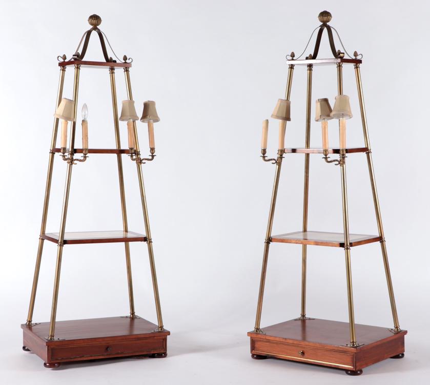 PAIR OBELISK FORM ETERGERES BRASS MAHOGANY 1940: A pair of obelisk form etegeres in brass and mahogany having marble inserts and mounted sconces circa 1940. Ht: 63" Wd: 23" Dpth: 18"