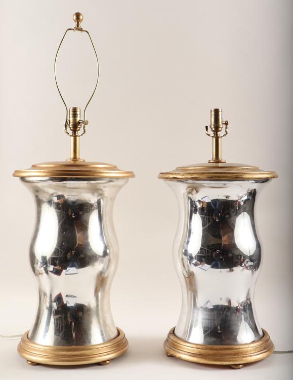PAIR HURRICANE FORM TABLE LAMPS PAINT DECORATED: A pair of hurricane form table lamps having mirrored bodies and gold painted decoration. Ht: 37" Wd: 14"