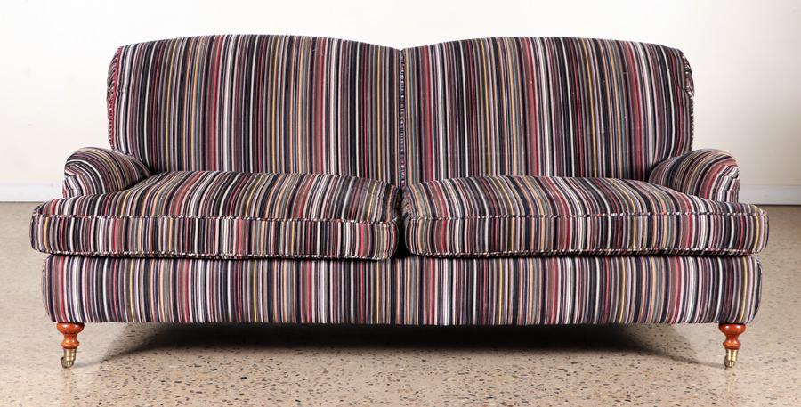 STRIPED UPHOLSTERED SOFA ATTR. TO GEORGE SMITH: A generously proportioned sofa having striped upholstery and turned legs attributed to George Smith. Ht: 32" Wd: 76" Dpth: 45.25" Seat: 17"