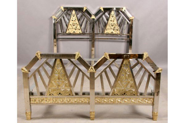 Art Deco nickel over bronze bed polished: Good Art Deco nickel over bronze bed with ornate pyramid polished bronze inset design on both headboard and footboard circa 1930. Includes rails. Ht: 44.5" Width: 56" Depth: 76" ***PLEASE NOTE: All p