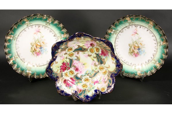 3 ANTIQUE BAVARIAN PORCELAIN SERVING DISHES: A lot of three Bavarian style porcelain serving dishes all with floral and gilt decoration circa 1920. Ht: 2" Width: 11.5" ***PLEASE NOTE: All property shall be paid for by the purchaser within five (