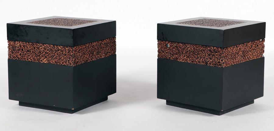 PAIR PAUL EVANS STYLE EBONIZED END TABLES: A pair of Paul Evans inspired ebonized wood end tables with removable lids for storage. Ht: 19" Wd: 18.25" Dpth: 18.25"