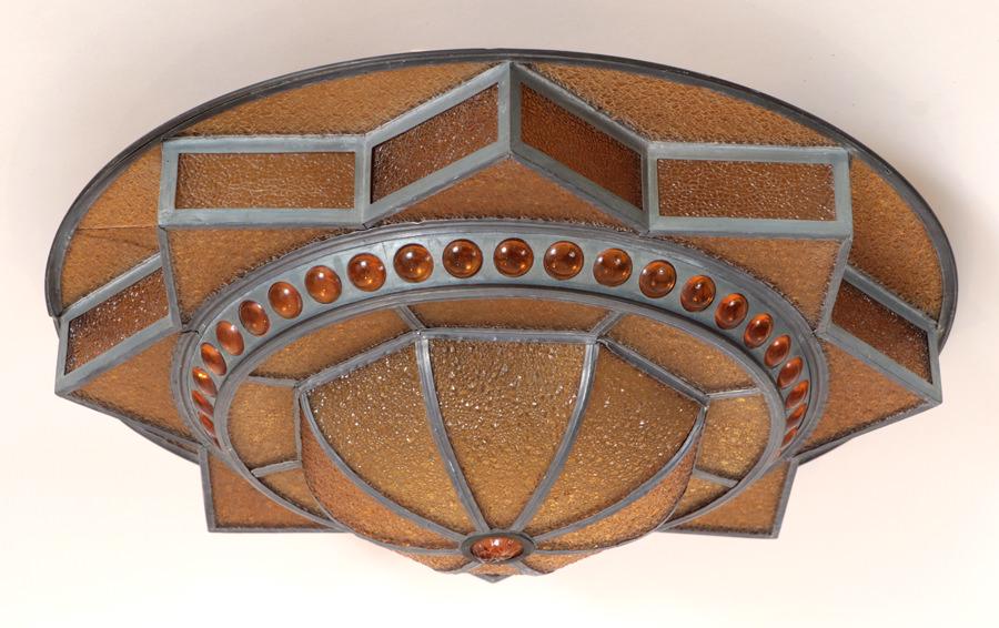 LEADED GLASS CEILING MOUNT LIGHT FIXTURE C.1950: A leaded glass ceiling mount light fixture circa 1950. Ht: 13" Dia: 23.5"