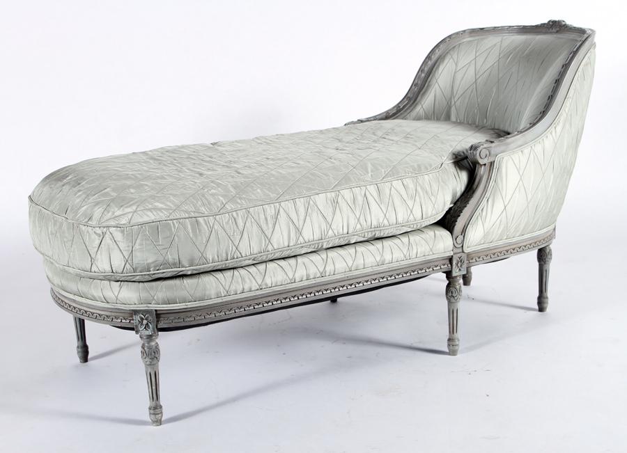 PAINTED FRENCH LOUIS XV STYLE CHAISE LOUNGE 1930: A painted French Louis XV style chaise lounge having textured upholstery circa 1930. Ht: 34.75" Wd: 26.25" Dpth: 65" Seat: 23"