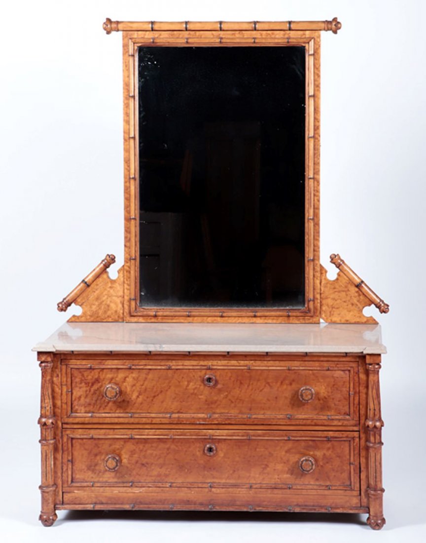 FAUX BAMBOO BIRDSEYE MAPLE DRESSER & MIRROR 1880: A faux bamboo and birdseye maple dresser with mirror circa 1880. Ht: 26" Wd: 49.75" Dpth: 19"
