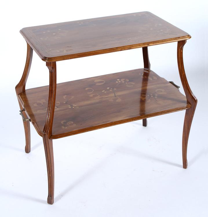 ART NOUVEAU TEA TABLE SIGNED BY LOUIS MAJORELLE: A two tier Art Nouveau tea table signed by Louis Majorelle circa 1905. Ht: 31.25" Wd: 33.75" Dpth: 22"