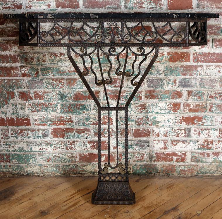FRENCH ART DECO WROUGHT IRON MARBLE CONSOLE 1930: A French Art Deco wrought iron and marble wall mounted console circa 1930. Ht: 38" Wd: 41.25" Dpth: 14"